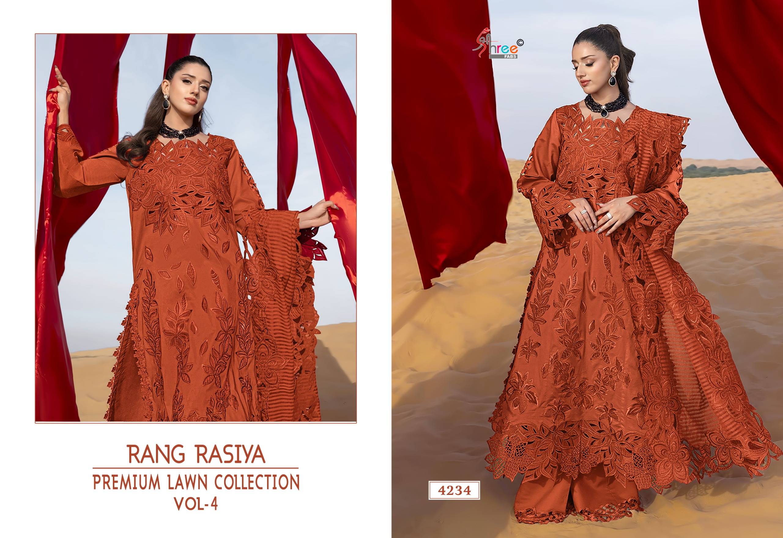 RANG RASIYA PREMIUM LAWN COLLECTION VOL-04 BY Shree fabs 4233 TO 4238 SERIES Pakistani Stylish Embroidered COTTON LAWN Dresses At Wholesale Price
